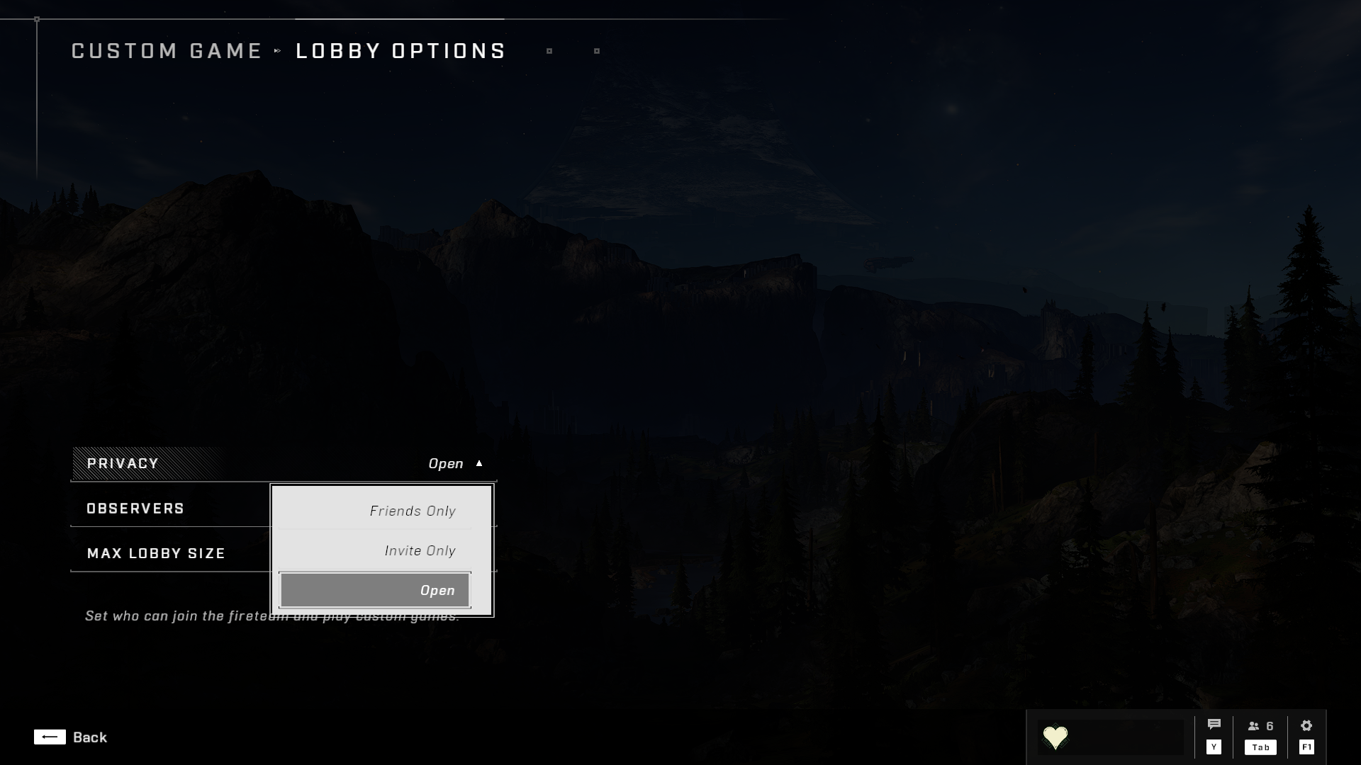 Screenshot of the Custom Game Lobby Options menu with Privacy setting highlighted.