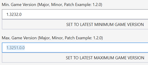 Closeup Excession tool menu displaying Min. Game Version and Max Game Version fields.
