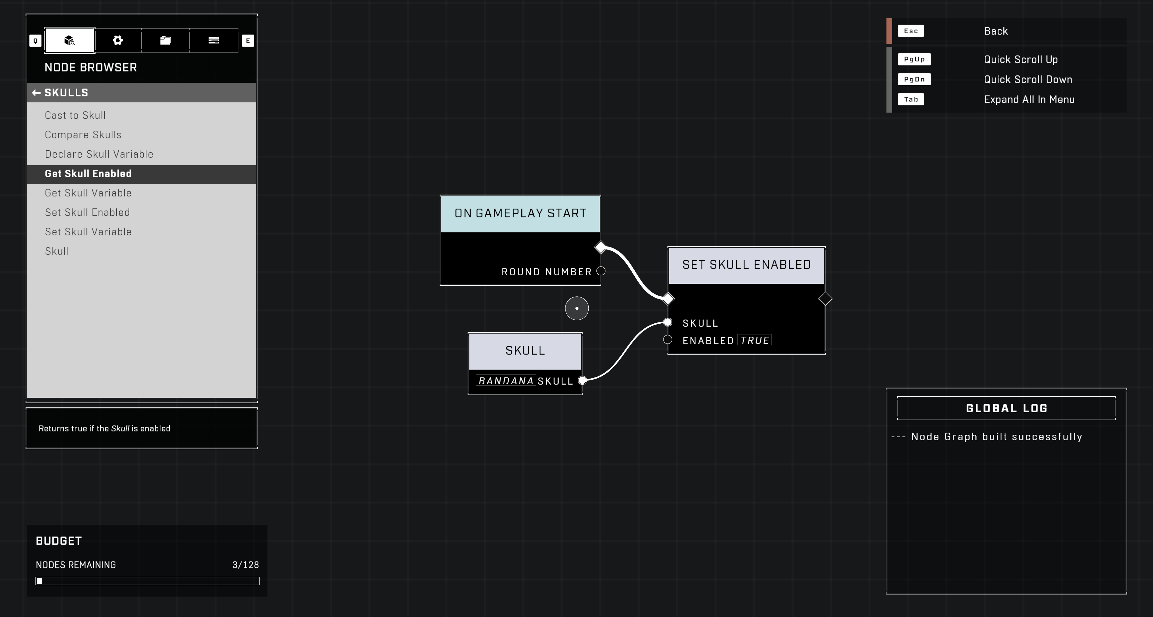 Screenshot of a Node Graph using a couple of the new Skull nodes: the Get Skull Enabled node and the Skull node.