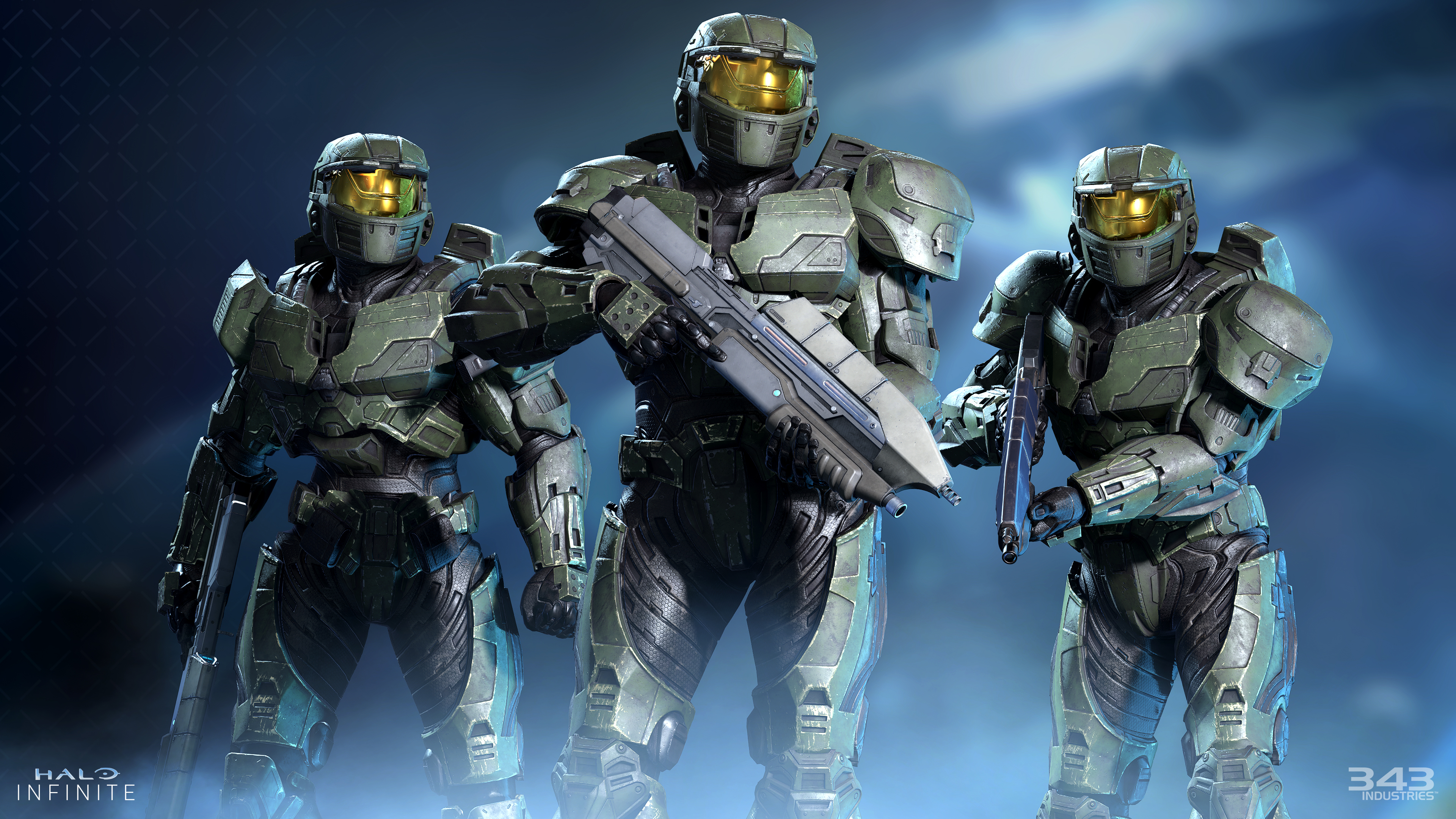 Three Spartans wearing the Mark IV Armor Core and holding the Evolved MA5 Weapon Model.