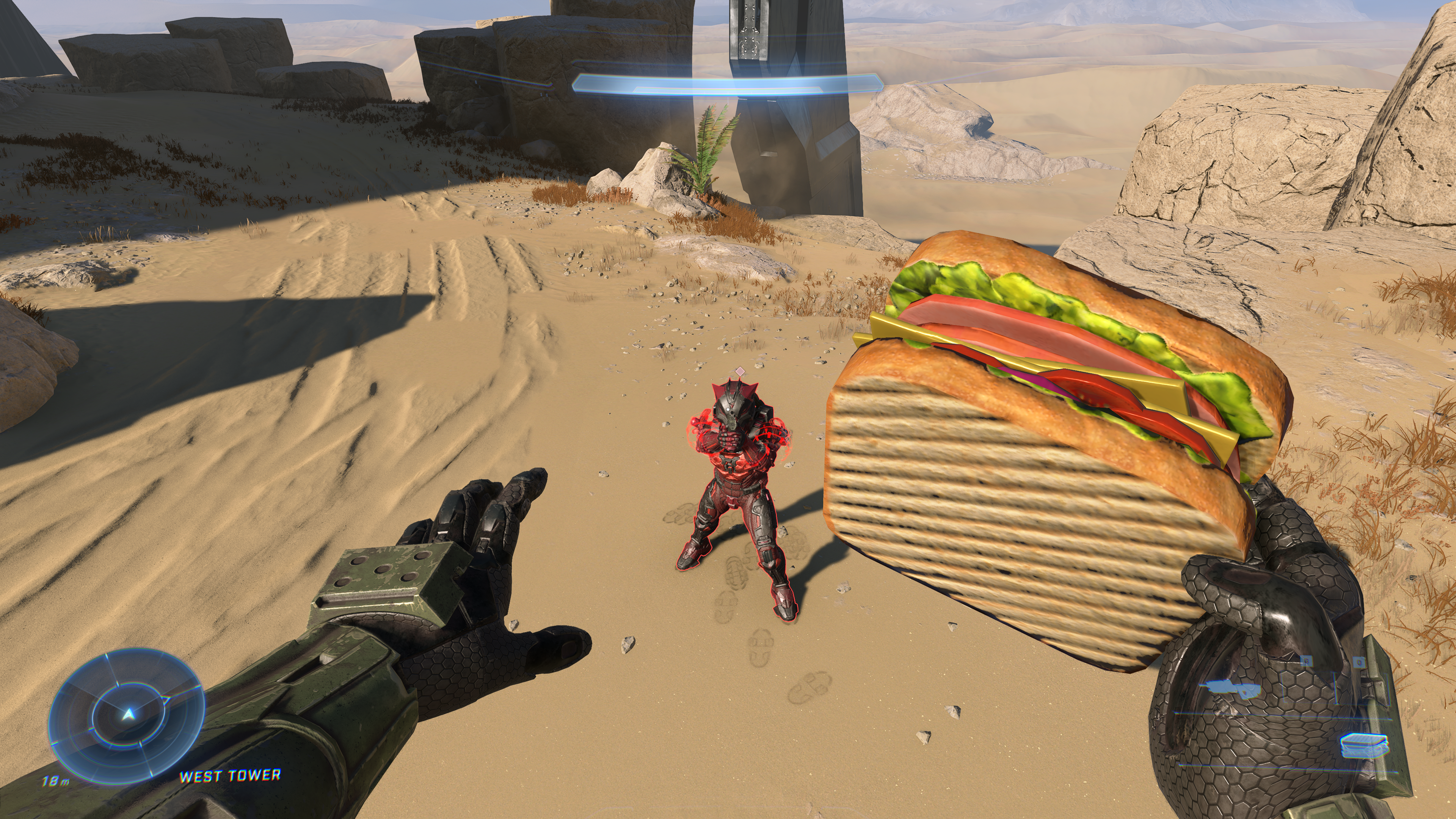 Screenshot of the Sandwich (non-Mythic variant) being used to beatdown a bot, 343 Mak, on the map Behemoth.