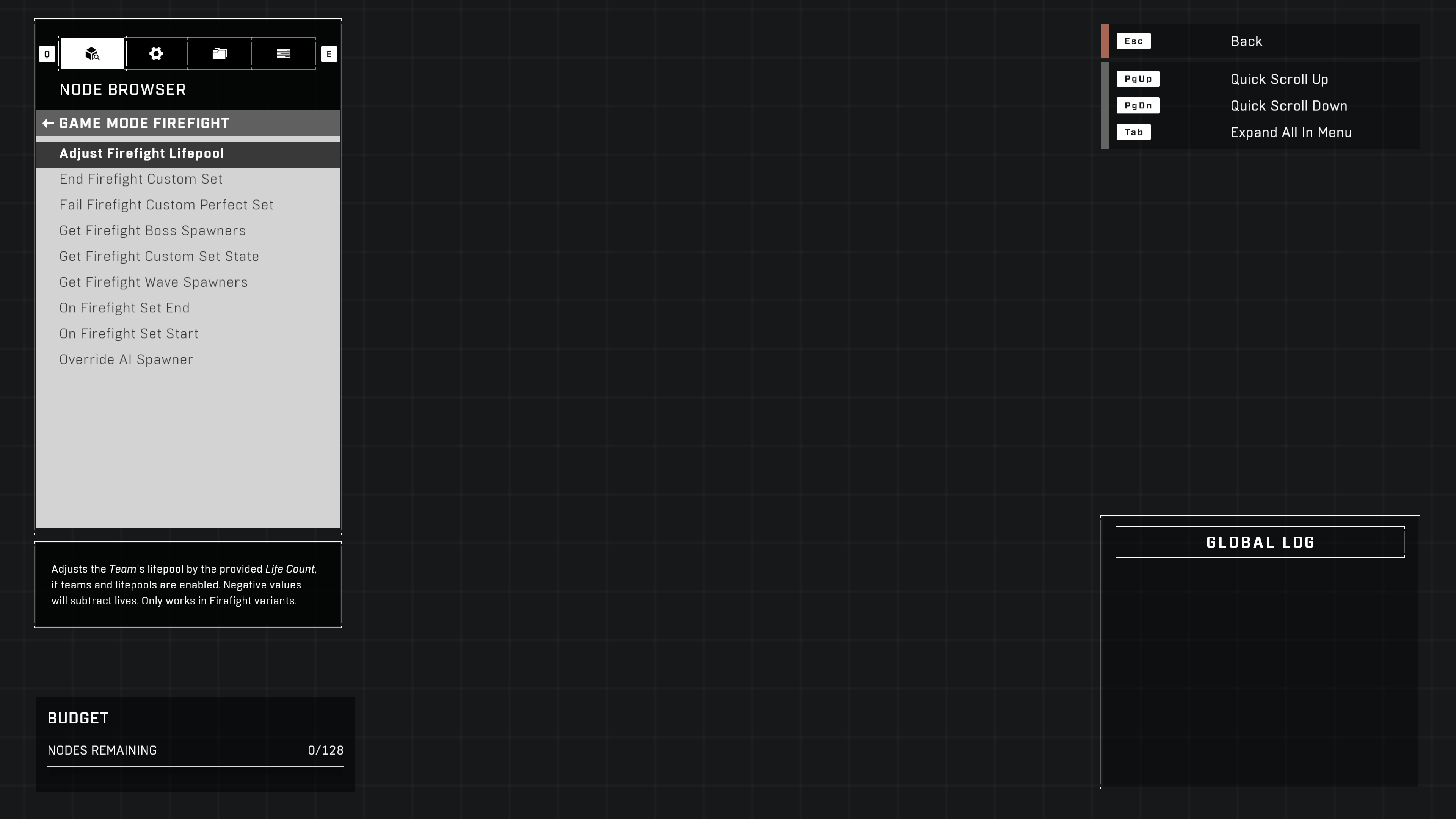 Screenshot of the Firefight nodes menu.