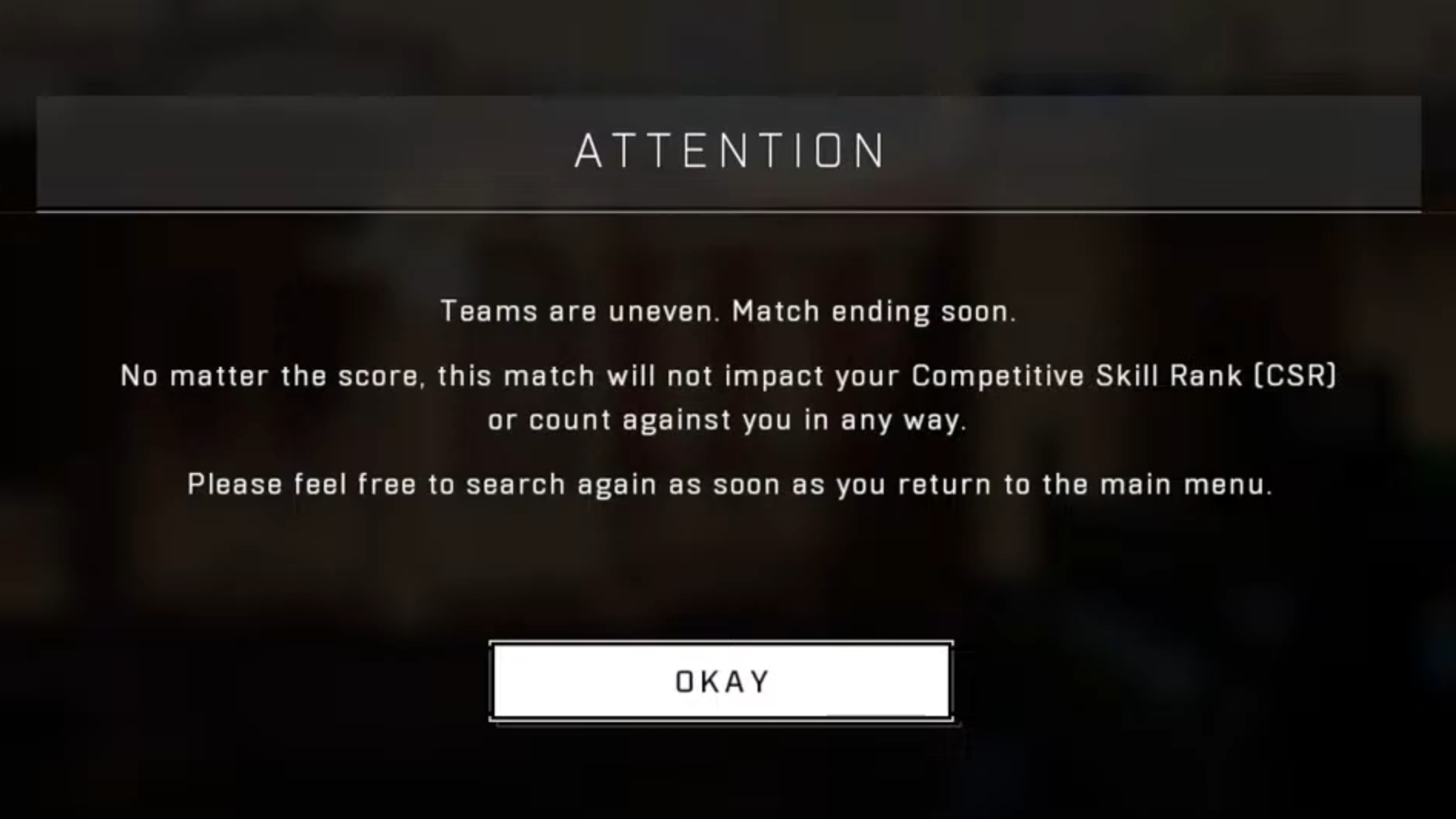 Screenshot of the error message that will appear when a Ranked match has uneven teams.
