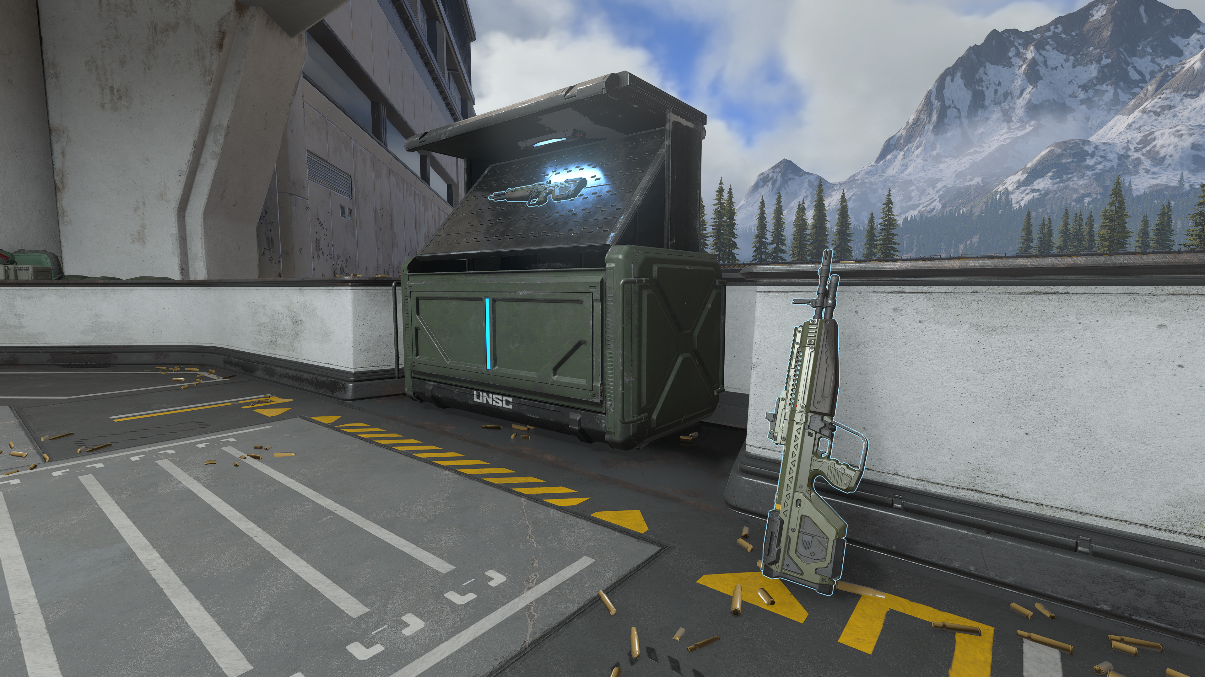Screenshot of the Weapon Drill area showing the Bandit EVO leaning against the wall to the right of the M392 weapon crate.