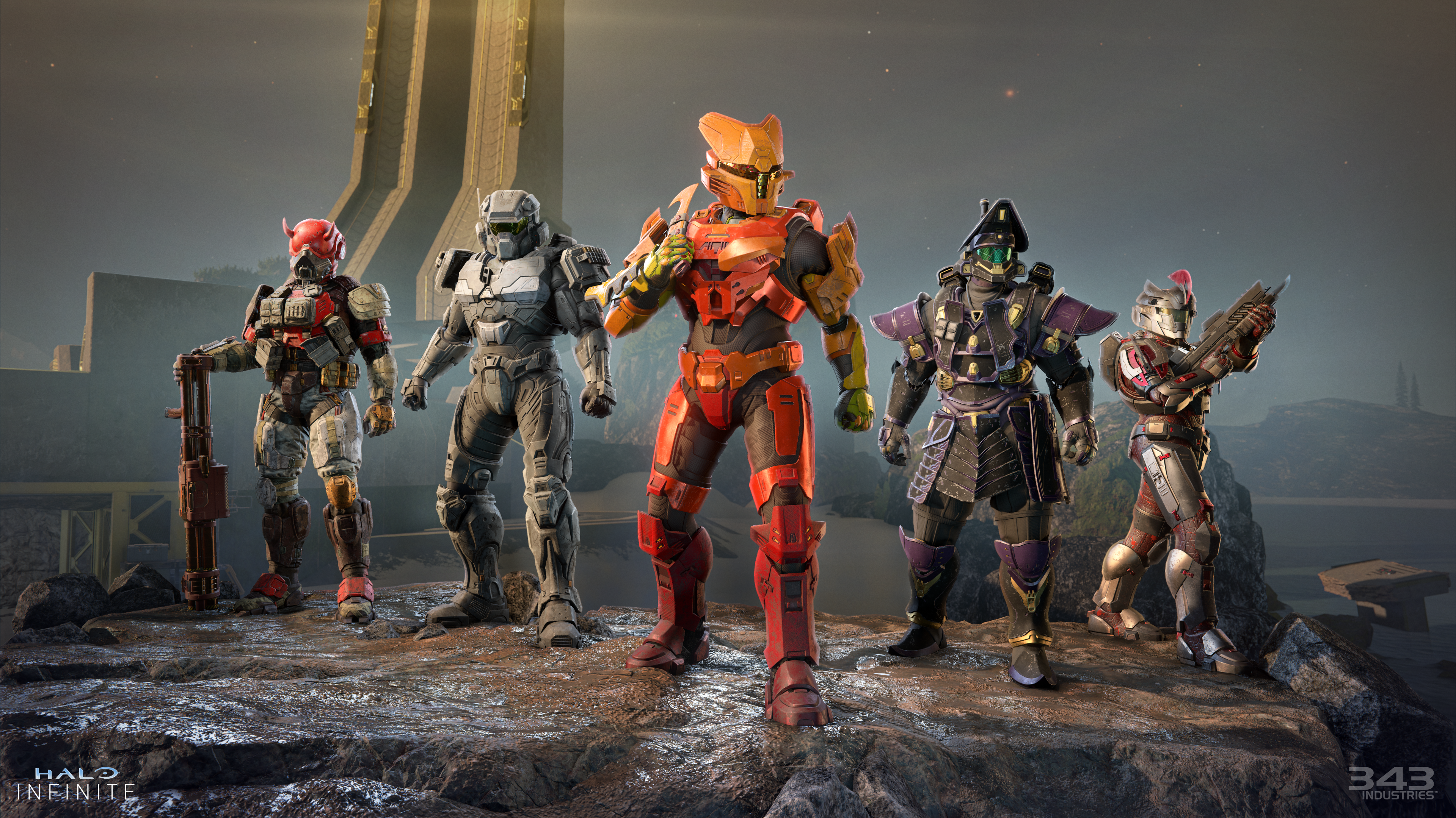 Spartans wearing various customization items from the Banished Honor, Tenrai IV, and Spartan Surplus Operations.