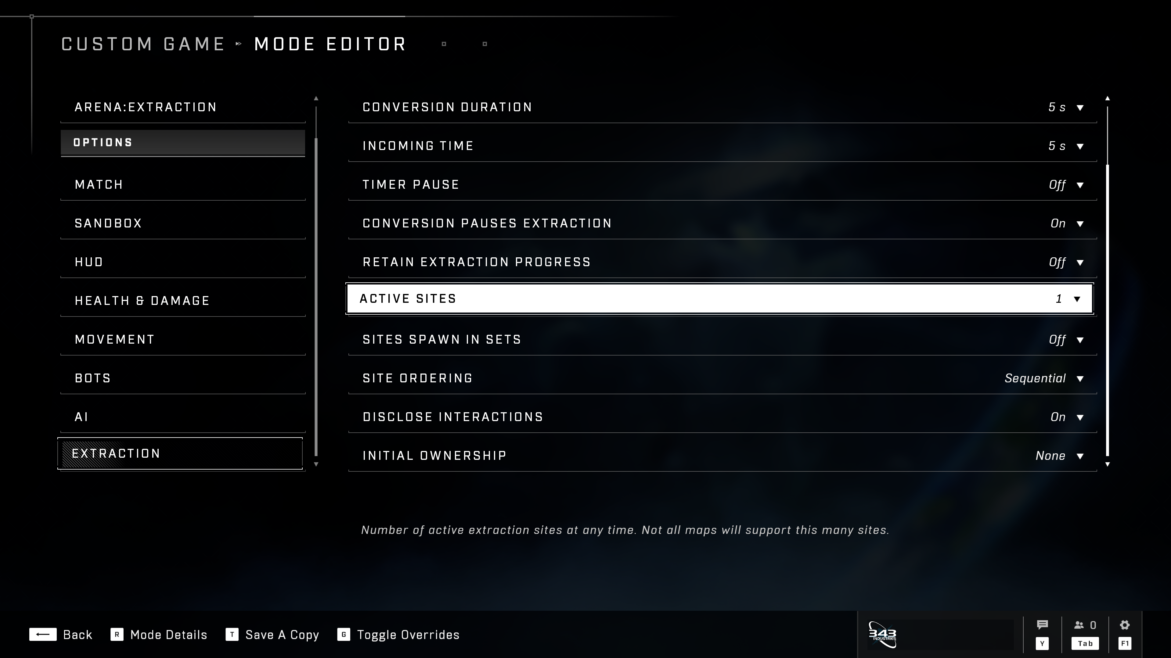 Screenshot of the Active Sites and the Sites Spawn in Sets options.