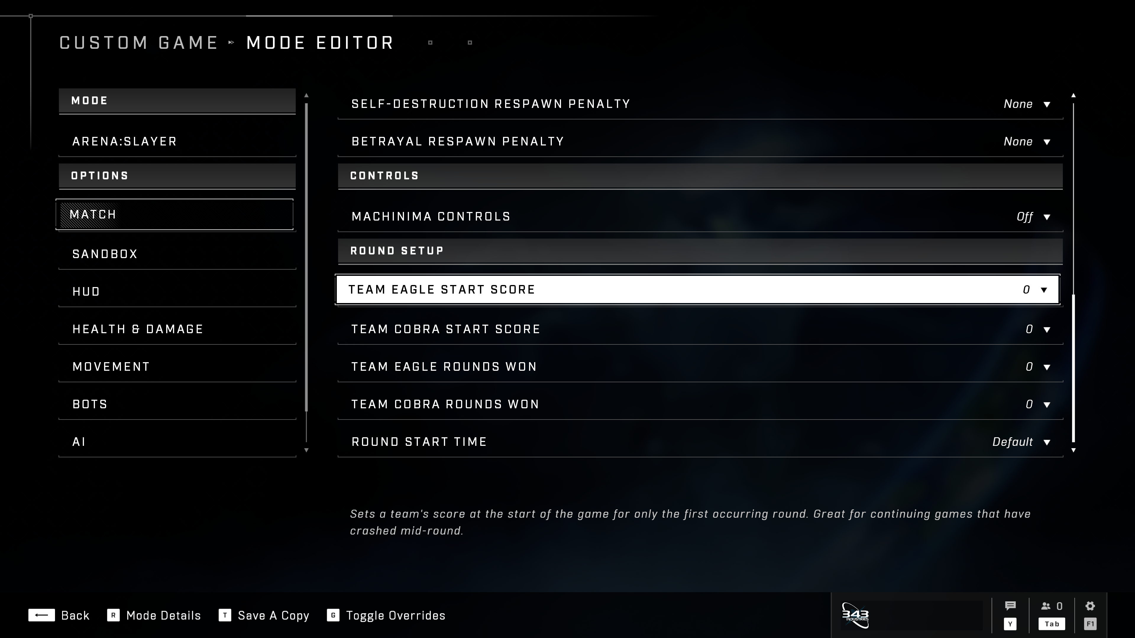 Screenshot of the Match Setup Overrides in the Custom Game Mode Editor settings.