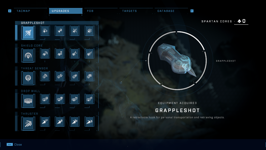 Halo Infinite Campaign, Upgrades Menu highlighting the Grappleshot Equipment item.