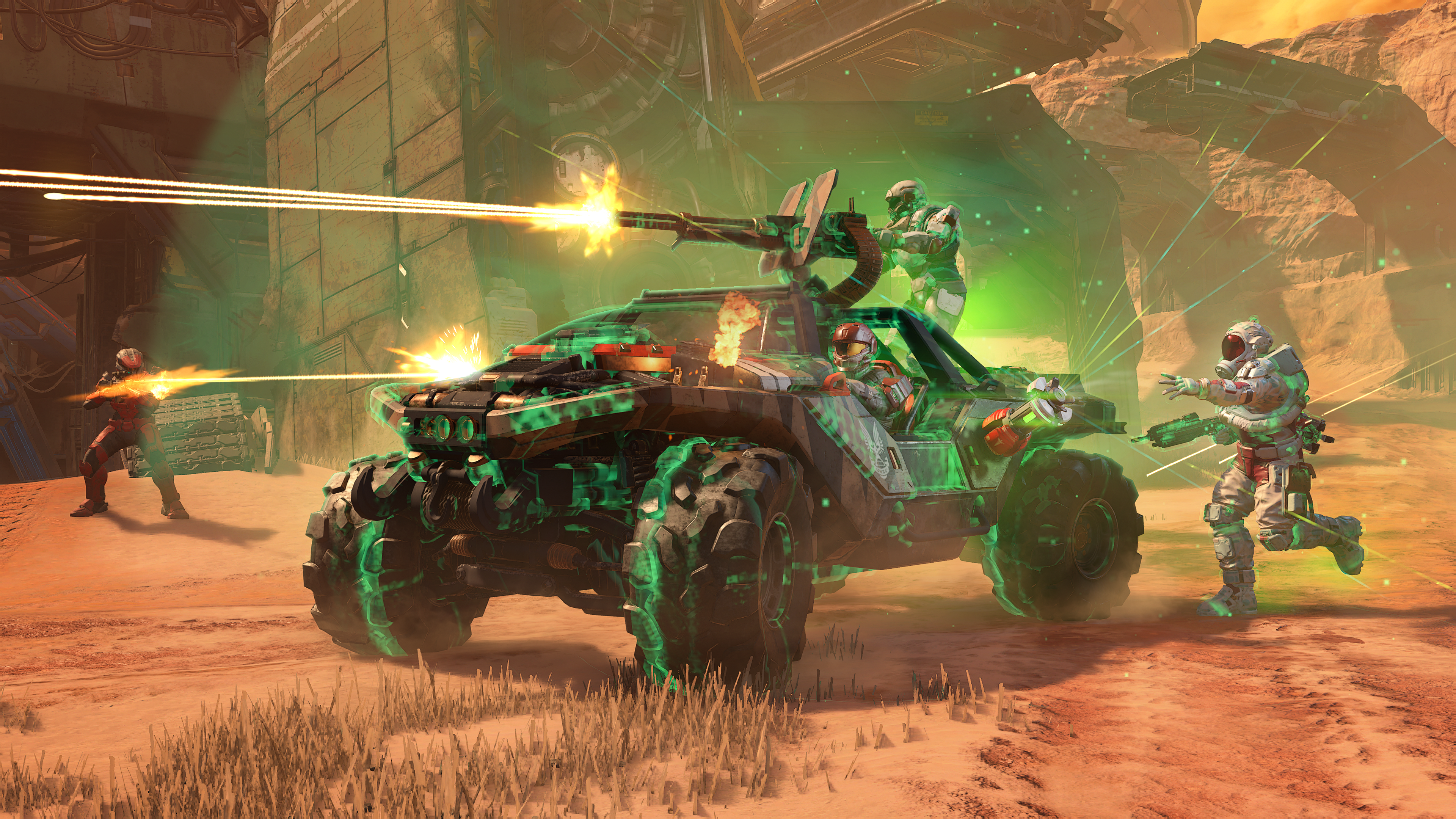 Combat scene with a Warthog and nearby Spartan being healed by the green sphere effect from a Repair Field.