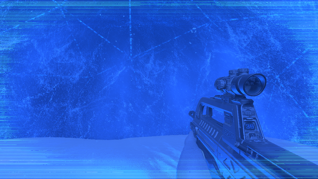 First person view of the player holding a Battle Rifle looking at an active Shroud Screen from the inside.