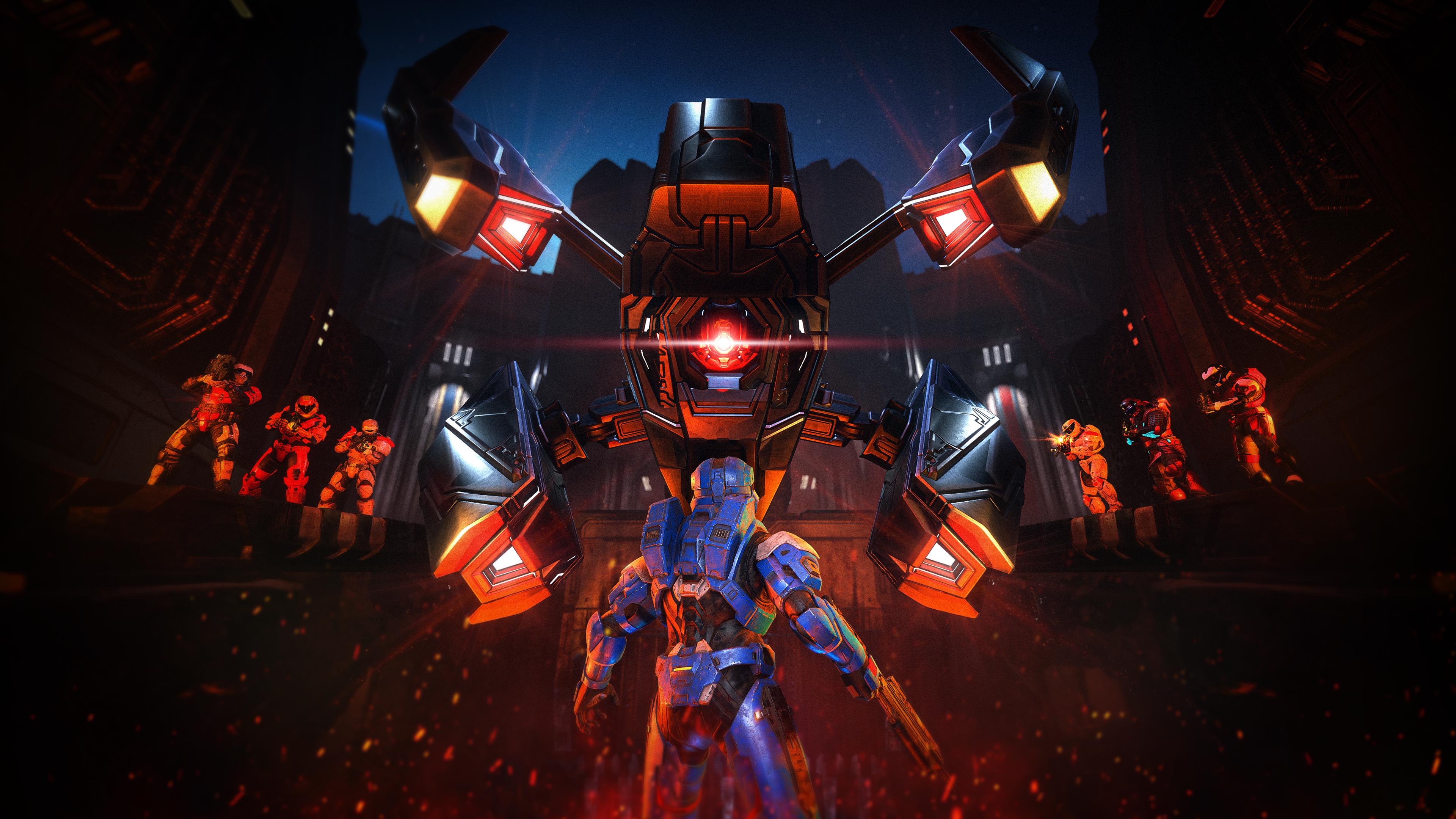 Promotional art for BTB Sentry Defense playlist, depicting a Spartan looking at a Sentinel Boss defended by a team of Spartans.