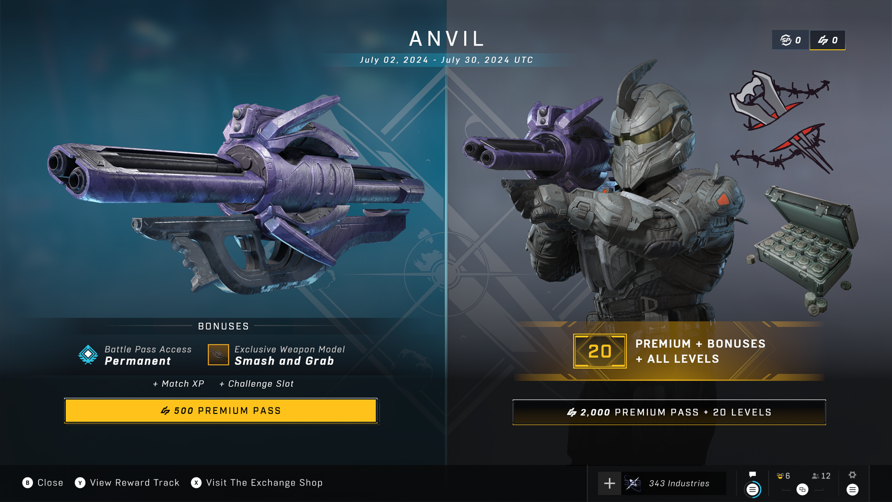 Screenshot of in-game user interface for selecting a premium Operation Pass offer, which depicts Spartans holding an M41 SPNKR with the Premium-exclusive “Smash and Grab” Weapon Kit equipped.