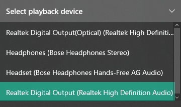 Closeup image of Windows Playback Device dropdown menu.