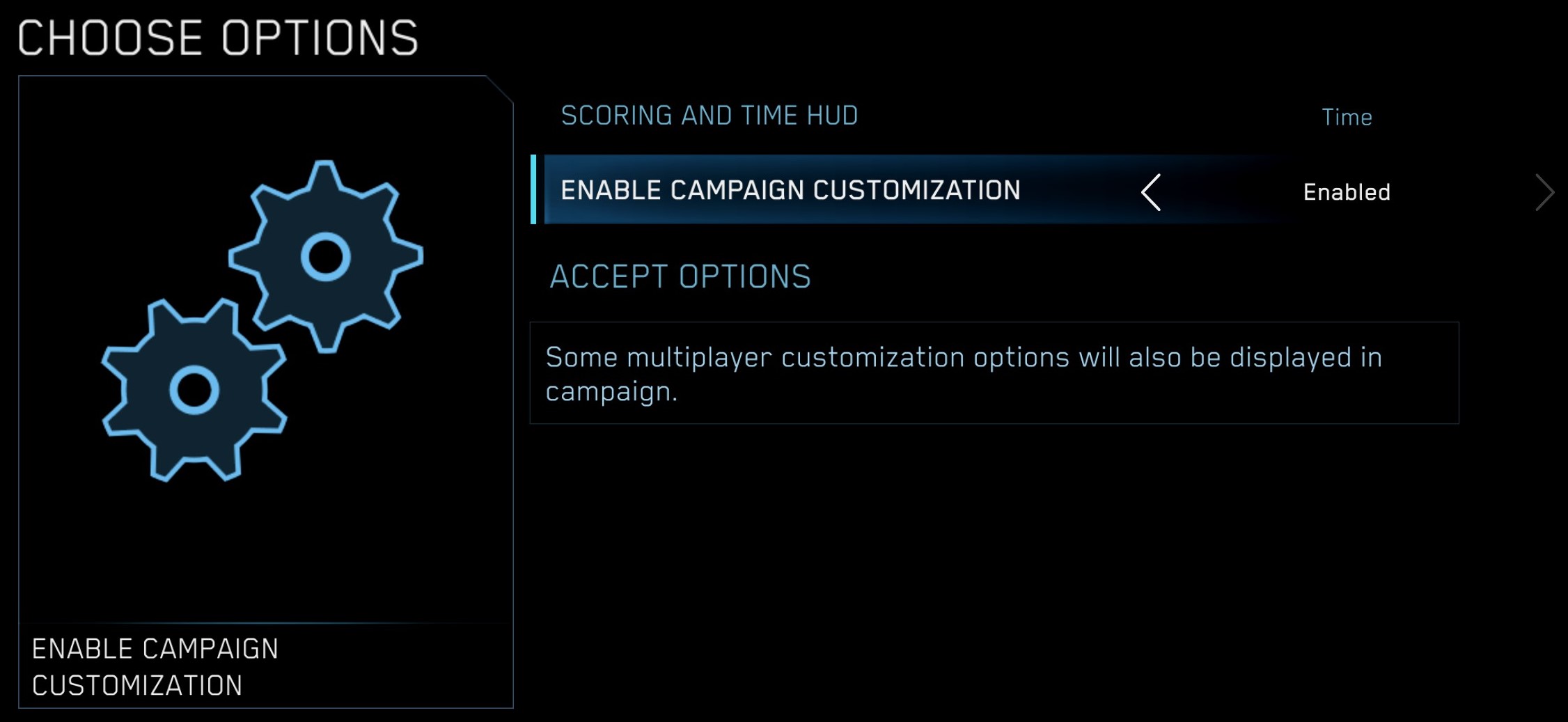 Closeup of Mission Options menu Enable Campaign Customization is hilighted.