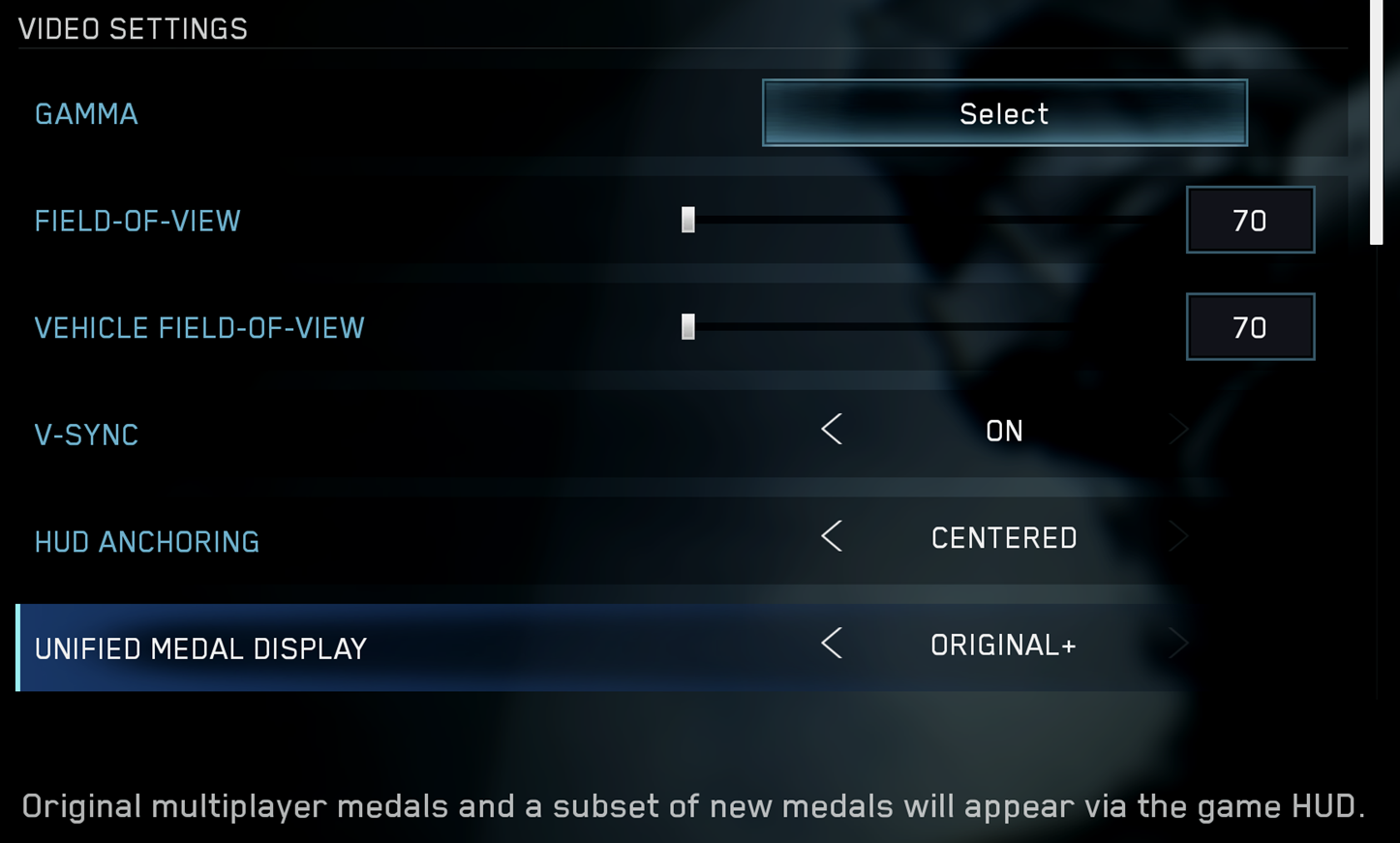 Closeup of Halo 3 Video Settings Menu, Unified Medal Display is highlighted