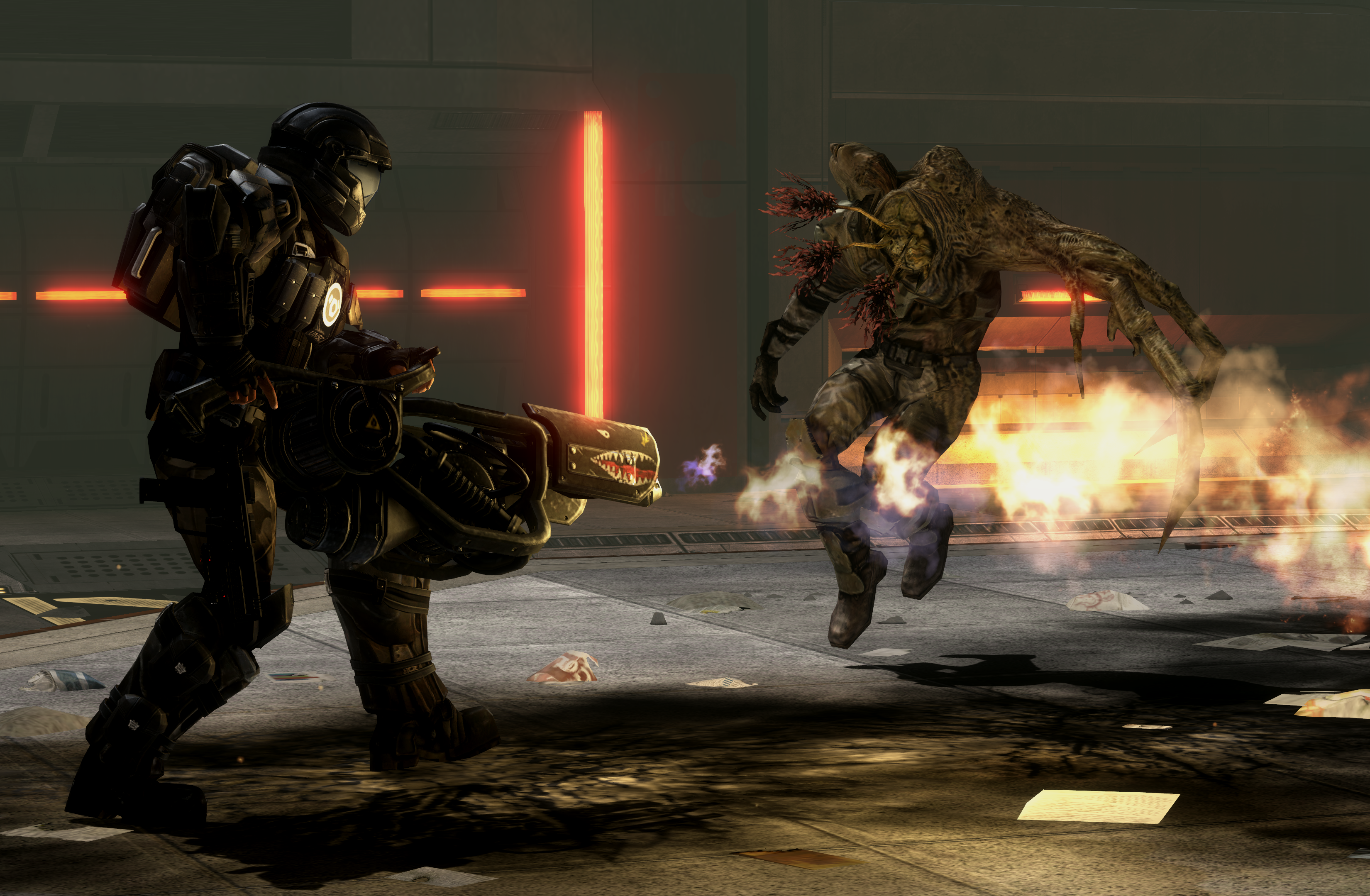 Spartan in combat with a Flood enemy.