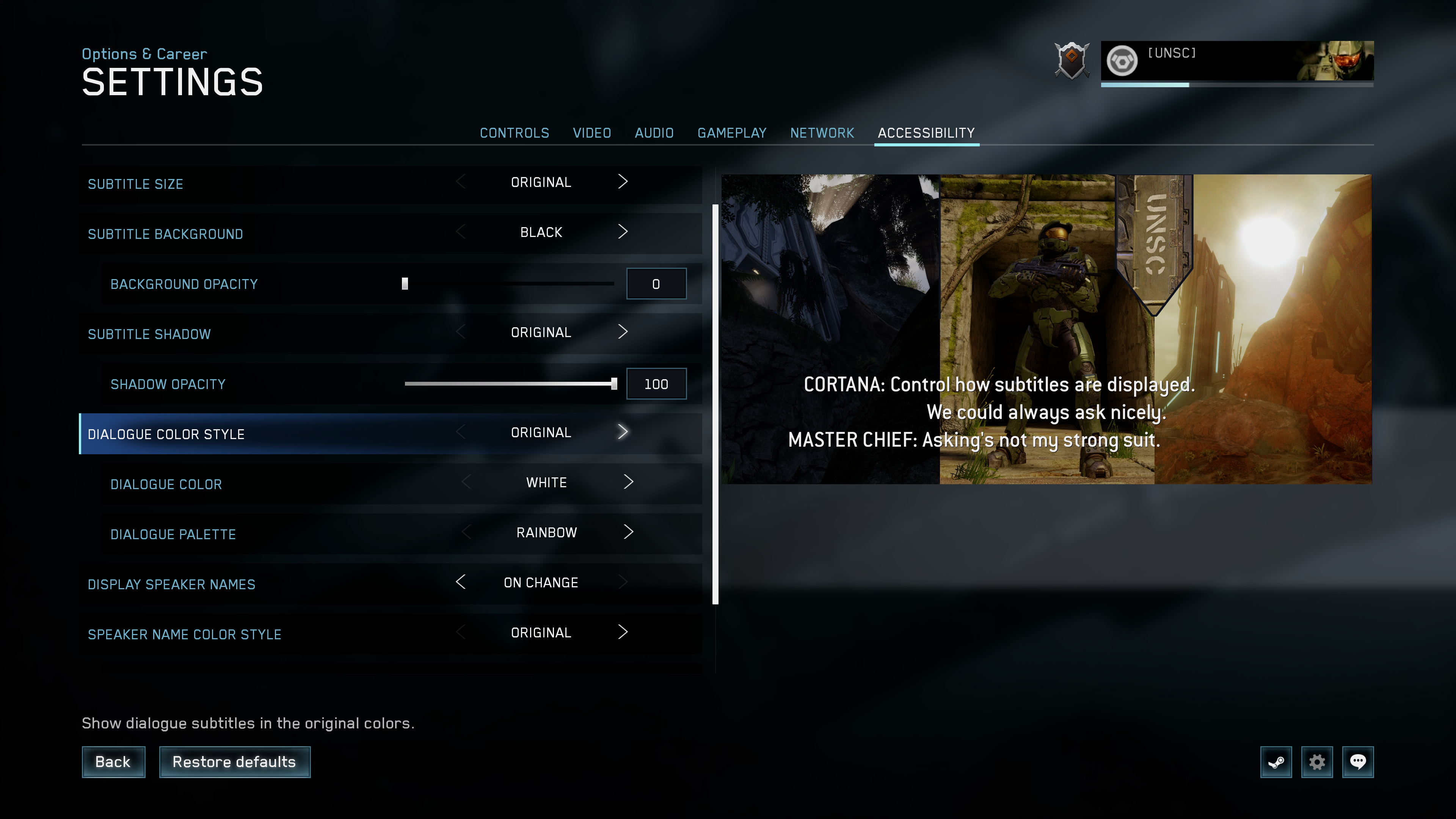 Screenshot of Options & Career, Accessibility, Settings menu. Dialog Color Style is highlighted.