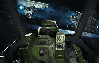 Screenshot from Halo Infinite. The Master Chief looks at the damaged ring of Zeta Halo from the cockpit of a Pelican.