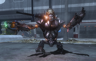 Screenshot from Halo 3: ODST depicting a Grunt stuck with a spike grenade in New Mombasa.