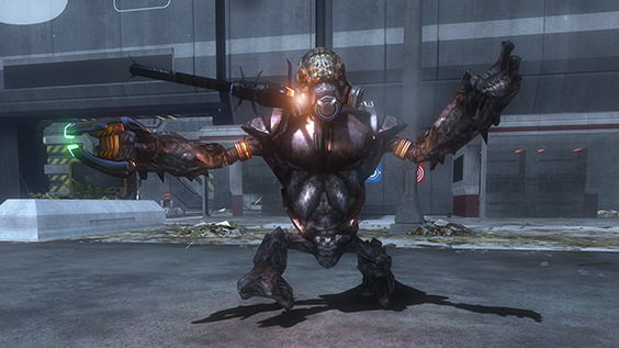 Screenshot from Halo 3: ODST depicting a Grunt stuck with a spike grenade in New Mombasa.