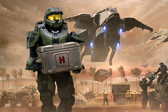 Artwork depicting The Master Chief John-117 carrying a crate while other UNSC personnel unload supplies from vehicles.