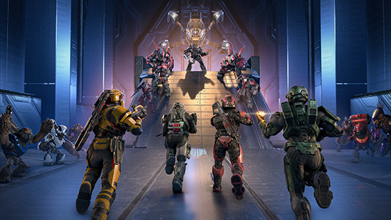 The Gauntlet playlist artwork, which depicts a team of four Spartans running toward a ramp defended by Banished and Forerunner forces.