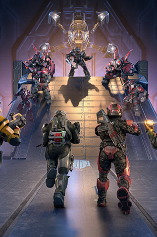The Gauntlet playlist artwork, which depicts a team of four Spartans running toward a ramp defended by Banished and Forerunner forces.