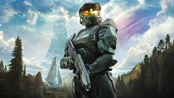 Halo: Campaign Evolved key art. The Master Chief John-117 stands ready for action in a beautiful pinelands on Halo.
