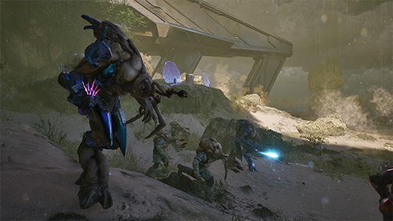 Screenshot from Halo: Campaign Evolved. A Flood enemy standing on the beach of the Silent Cartographer.