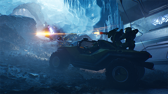Screenshot from Halo: Campaign Evolved. The Master Chief and marines in a Warthog in the mission Assault on the Control Room.